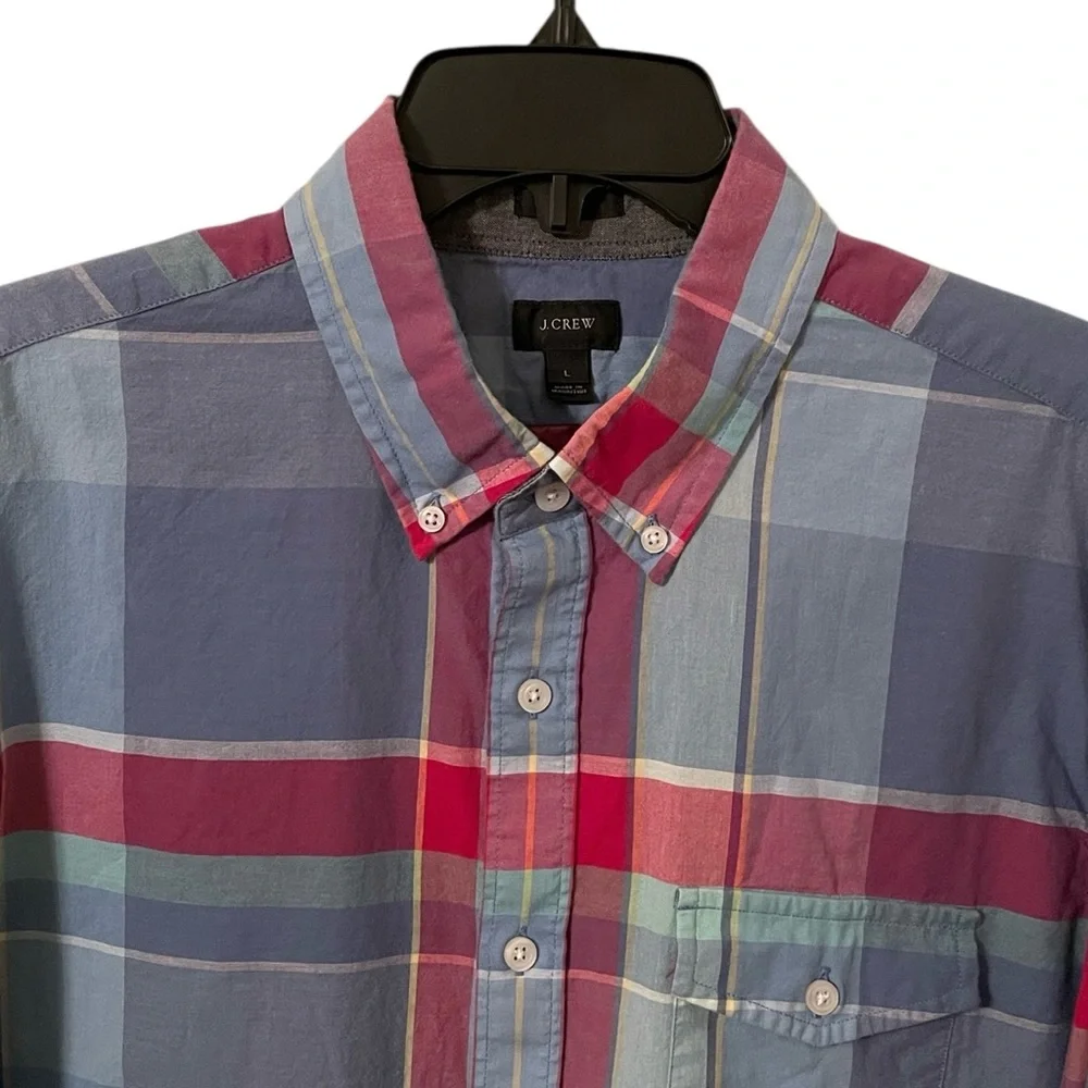 J. Crew Men's Blue Red Plaid India Cotton Slim Fit Button‎ Down Shirt Size L